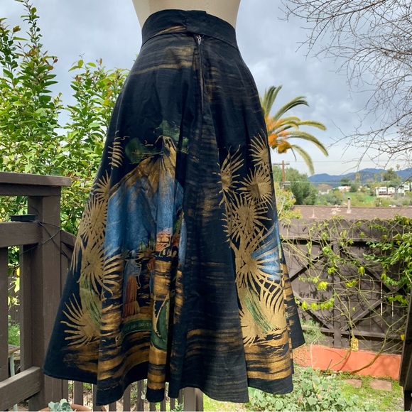 VINTAGE Mexican 1950s Black & Metallic Hand Painted Souvenir Circle Midi Skirt - Picture 8 of 11